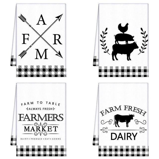 Geyoga 4 Pcs Farm Animal Floral Kitchen Towels Farmhouse Buffalo Plaids Dish Towel Flower Kitchen Dish Towels 16 x 24 Inch Rustic Rooster Cow Pig Sunflower Dish Cloths Towel (White, Black, Farm)