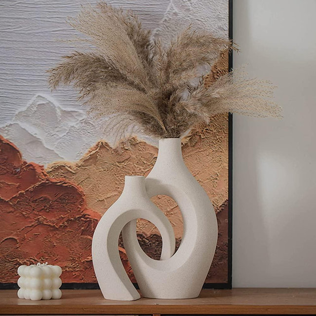 Levvohd Large Beige White Ceramic Vase Set of 2 for Modern Home Decor, Eclectic Entryway Modern Boho Hollow Flower Vases for Living Room Bookshelf Dining Coffee Table Centerpiece (W 6.8" X H 11")