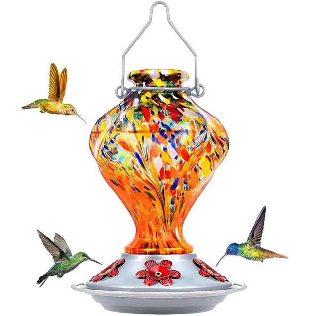 BOLITE Hummingbird Feeders, Glass Hummingbird Feeders for outdoors Hanging, Hand Blown Twisted with 5 Feeding Ports & Perch, 24 Ounces, Leak Proof, Orange