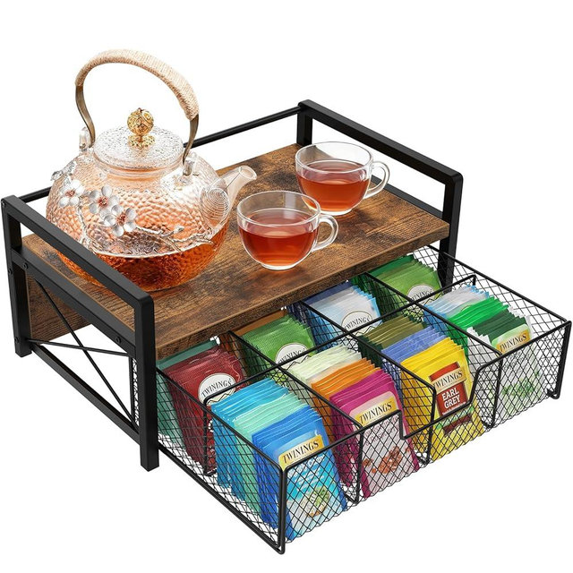 BCOZLUX Tea Bag Organizer, Wooden Tea Organizers and Storage Box with Drawer, Teabag Holder and Display Caddy for Countertop, Tea Station Chest Organizer (Rustic Brown)
