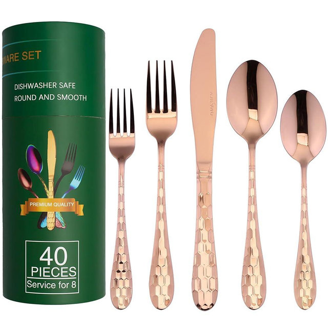 Silverware Set, Flatware Set Service for 8 Premium Stainless Steel Cutlery Set 40 Piece Include Upgraded Knife Spoon Fork Mirror Polished, Dishwasher Safe (Rose Gold)