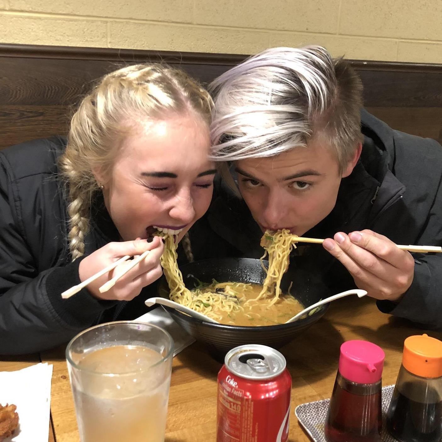 Sharing ramen - thank goodness Drew is left-handed