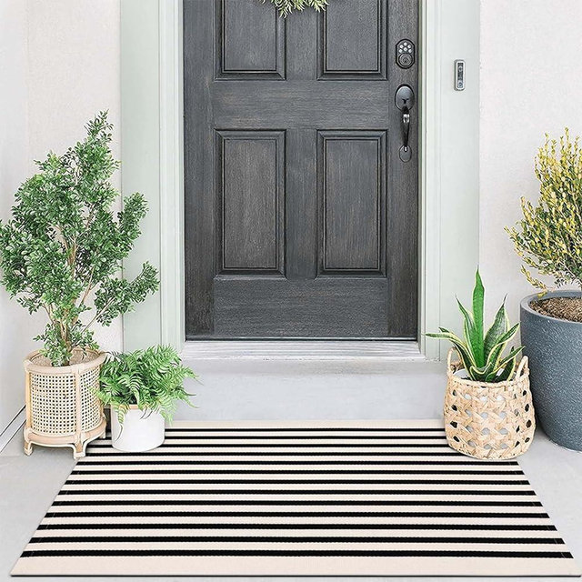 Collive Door Mat Black and White Striped Rug 27.5" x 43.3",Front Porch Rug,Reversible Washable Front Door Mats,Hand Woven Welcome Layered Doormat Carpet for Entryway/Entrance/Indoor Outdoor