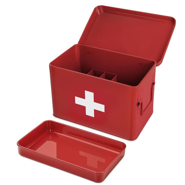 Plexon 8.5" Metal First Aid Box Empty, Medicine Storage Bin with Lid, Emergency Supplies Organizer, Portable First Aid Kit Case, Red