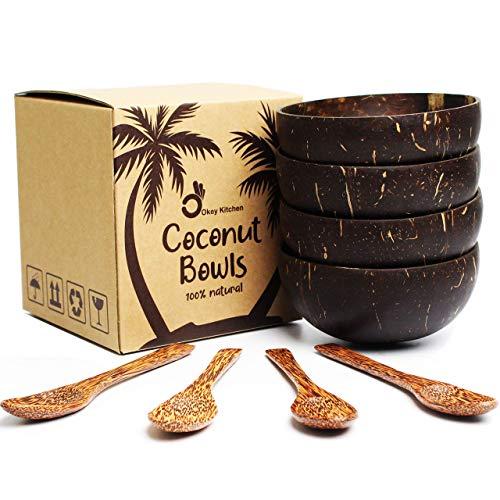 Set of 4 Vietnamese Coconut Bowls & Spoons by Okey Kitchen | 100% Natural, Organic, Eco-Friendly, Vegan, Buddha Smoothie Coco Bowls & Spoons from Ben Tre Artisan Craft