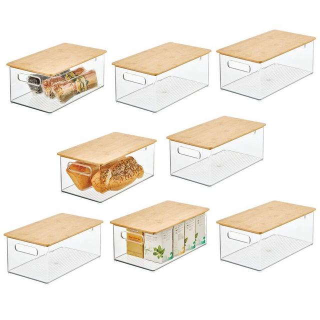 mDesign Plastic Stackable Kitchen Pantry Cabinet, Food Storage Bin Box with Handles, Lid - Organizer for Packets, Jars, Snacks, Pasta - 8 Pack - Clear/Bamboo Lid