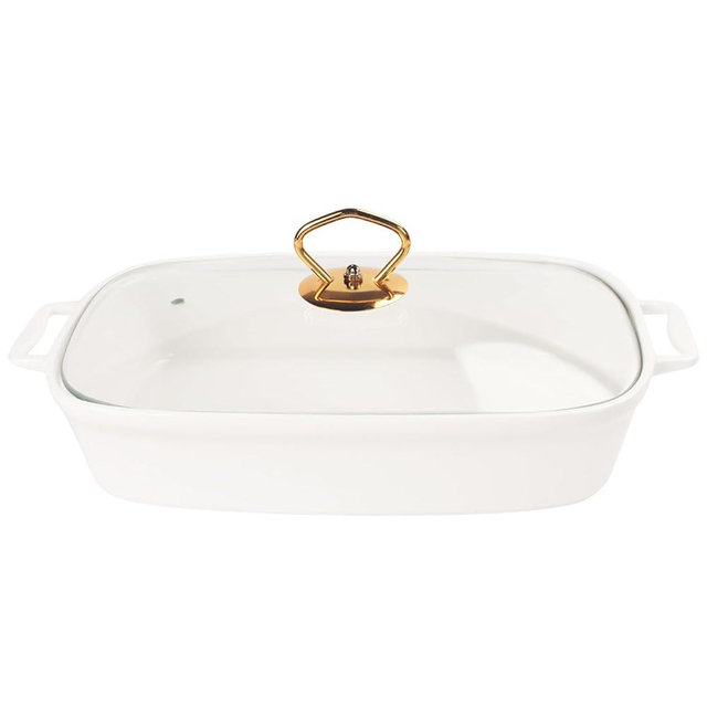 jinsongdafa Ceramic Casserole Dish with Glass Lid, 1.3 Quart Serving Soup Tureen,Chafing Dish for Buffet, Family Food preserve Tray, Catering Casserole for Party Style,White 12.4 Inch Rectangular