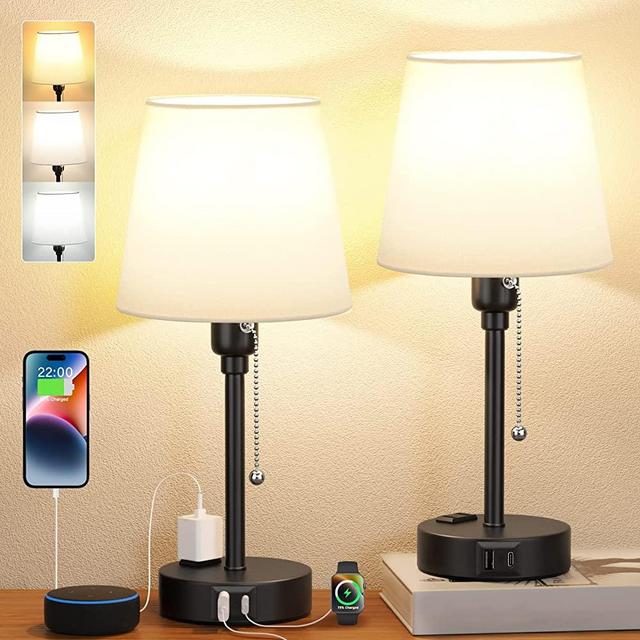 Bedside Lamps for Bedrooms Set of 2 Nightstand - Table Lamp with 3 Color Modes 2700K-5000K, Small Lamp with USB C+A Charging Port and AC Outlet, White Lamp for Side Table, Mini Bed Side Lamp for Kids