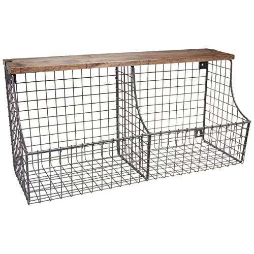 Spectrum Diversified Vintage Double Bin with Wood Storage Wall-Mounted Wire Basket & Wood Shelf, Farmhouse Style Entryway Storage & Organization, Industrial Gray