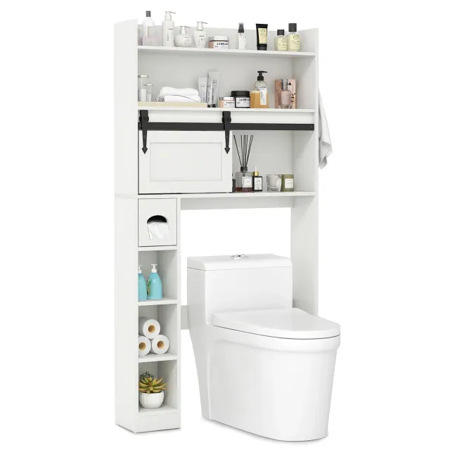 Tangkula Over The Toilet Storage Cabinet w/ Sliding Barn Door Adjustable Shelves 2 Hooks White