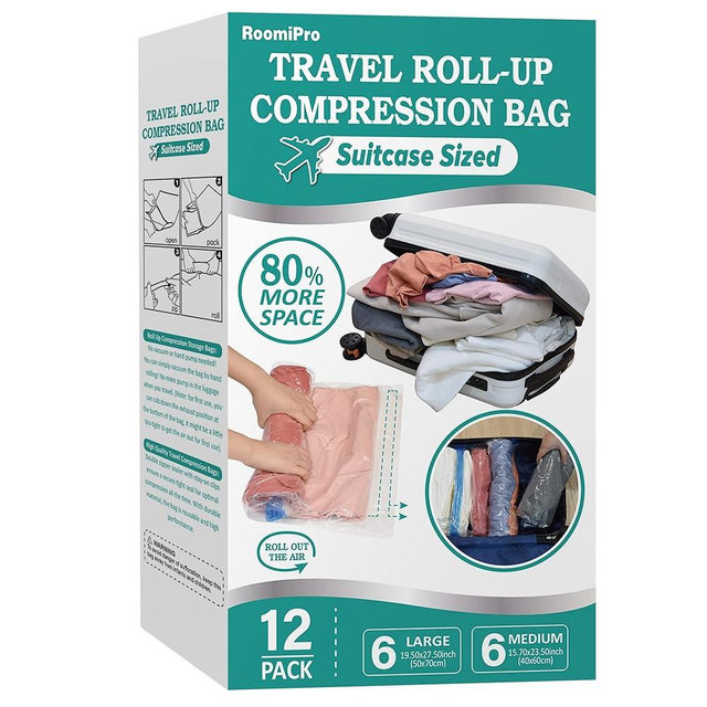 12 Roll Up Space Saver Bags for Travel, Saves 80% of Storage Space, Travel Compression Bags for Packing & Clothes, No Pump or Vacuum Needed