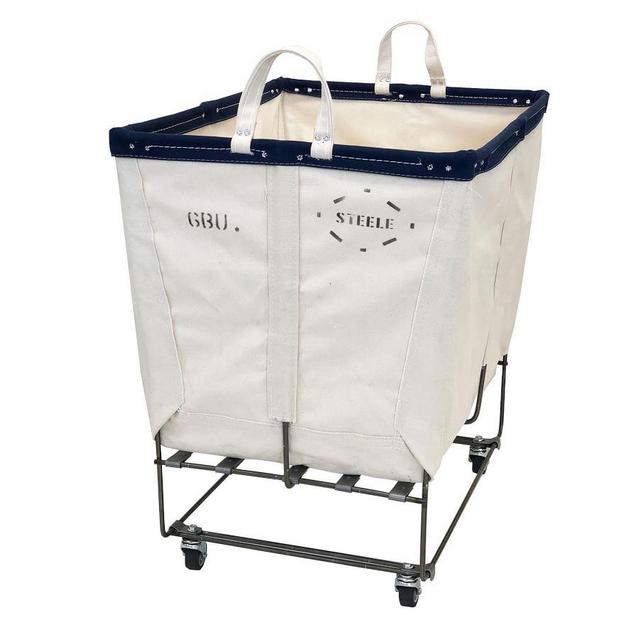 Large Elevated Canvas Basket with Wheels, Natural/Navy
