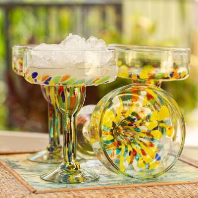 Set of 6 Multicolor Hand Blown Glass Margarita Glasses, "Confetti Festival"