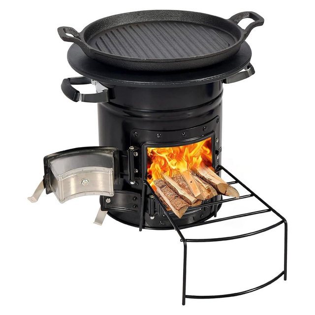 Lineslife Rocket Stove Wood Burning Portable and Grill Pan, Charcoal Camping Stove with Handle and Carry Bag for Outdoor Cooking, Backpacking, RV, Survival, Black 12.6" Stove Top with Two Doors