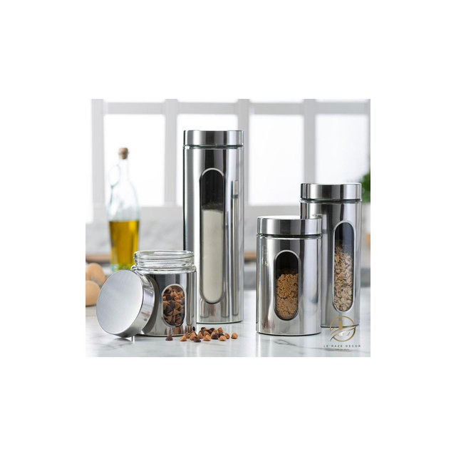 Le'raze 4pc Stainless Steel Canister Set for Kitchen Counter with Glass Window & Airtight Lids