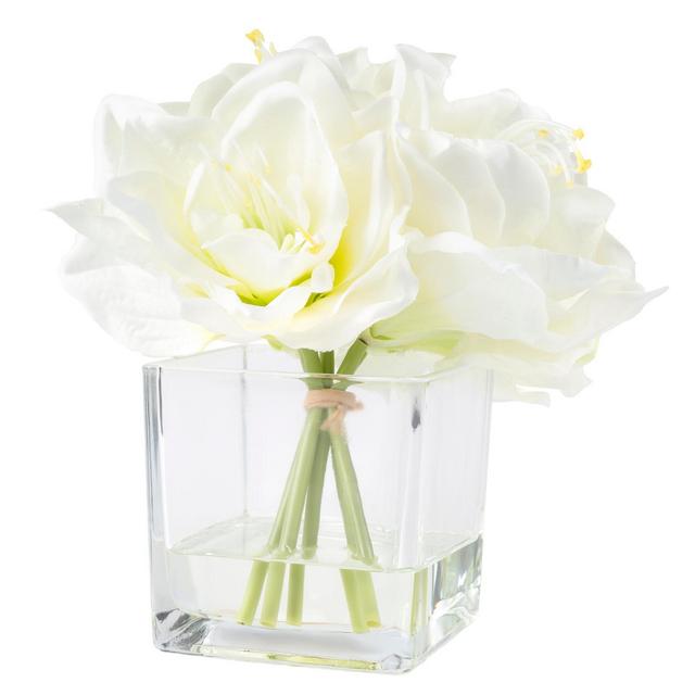 Lilies Floral Centerpiece - Five Cream-Colored Lily Blossoms in a Clear Glass Bowl with Fake Water - Artificial Flowers in Vase by Pure Garden