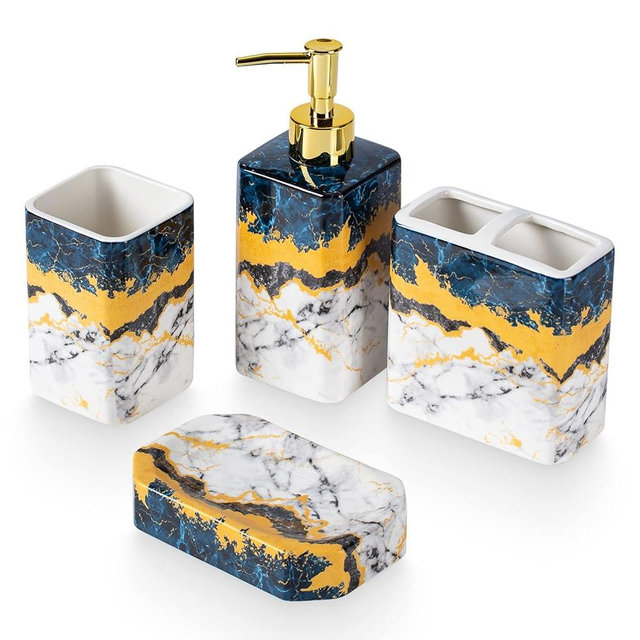 4 Piece Bathroom Accessories Set - Blue Bathroom Accessory Sets Includes Lotion Dispenser, Toothbrush Holder Tumbler, and Soap Dish - Glossy Finish (Marble, Blue)