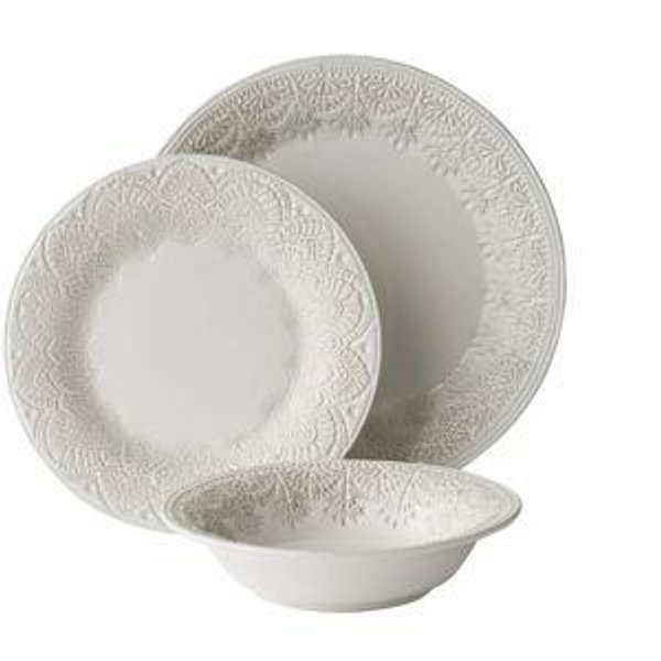 The Pioneer Woman Vintage Lace 12-Piece Ceramic Dinnerware Set, Linen