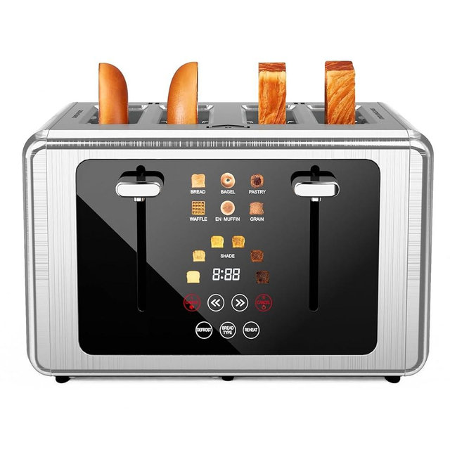 WUNLY 4 Slice Toaster, Touchscreen & Dual Independent Control Panel，5 Basic Functions & Digital Countdown Toasters, 6 Shade Settings＆6 Bread Types, Smart Bread Maker Mute/Screen-Off,Platinum