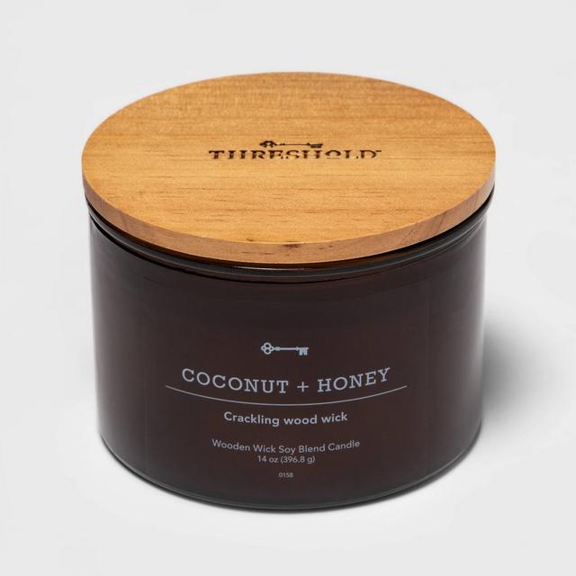 14oz Lidded Amber Glass Jar Crackling Wooden 3-Wick Coconut and Honey Candle - Threshold™