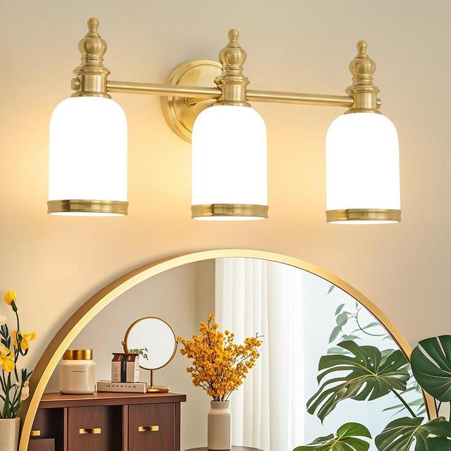 Lanmate Gold Bathroom Light Fixtures 3-Light Bathroom Vanity Light Over Mirror with Milky White Glass Shade 20 inch Mid-Century Modern Wall Sconce Lighting Fixtures for Bath (Exclude E26 Bulb)