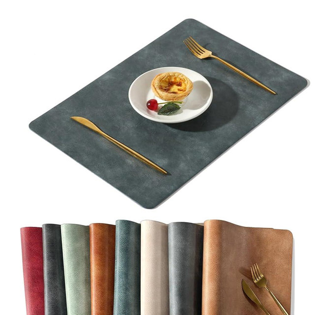UnivoColors Washed Cowhide Pattern PU Leather Placemats Set of 6 Heat Resistant Kitchen Table Mats, Waterproof Wipeable for Party Decoration(Blue)