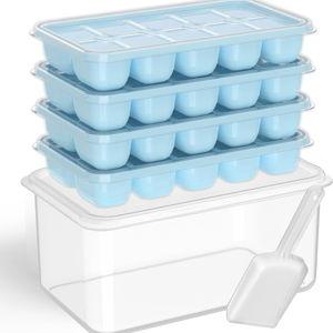 DOQAUS Ice Cube Tray with Lid and Bin - 4 Pack Silicone Ice Cube Trays for Freezer, Stackable Ice Bucket Kits with Storage Container & Scoop for Kitchen, RV, Cocktail, Coffee