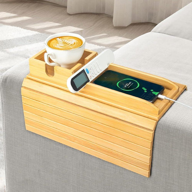 Yoshiky Bamboo Couch Armrest Table, Couch Arm Tray with Removable Couch Cup Holder, 2 in 1 Design Foldable Anti-Slip Bamboo Couch Tray and Sofa Cup Holder for Cup