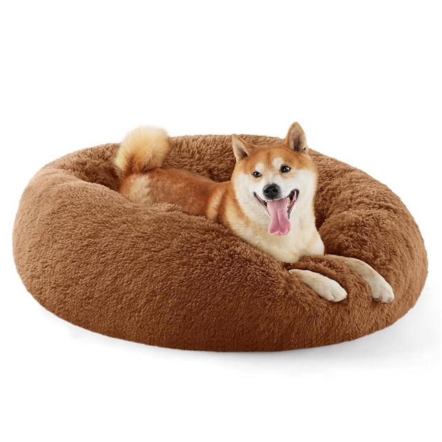 Bedsure Calming Dog Bed for Medium Dogs - Donut Washable Medium Pet Bed, 30 inches Anti-Slip Round Fluffy Plush Faux Fur Cat Bed, Fits up to 45 lbs Pets, Caramel