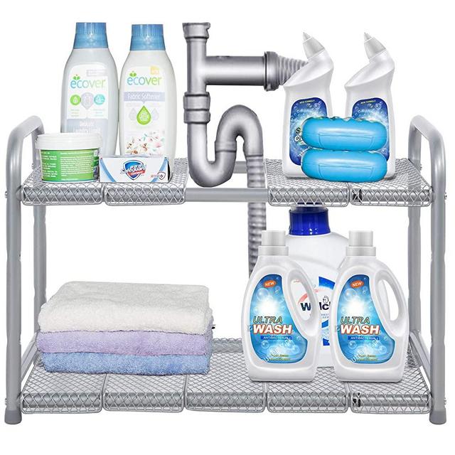 STORAGE MANIAC Under Sink 2 Tier Expandable (Width & Height) Shelf Organizer, Under Sink Organizer and Storage with 10 Removable Steel Panels for Kitchen, Bathroom - from 18 to 30 Inches, Silver Gray