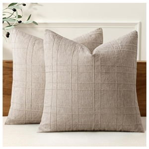 MIULEE Decorative Linen Check Throw Pillow Covers Neutral Farmhouse Vintage Pillow Covers 18x18 Set of 2 Boho Modern Home Decor for Sofa Couch Bedroom Cushion Natural Linen