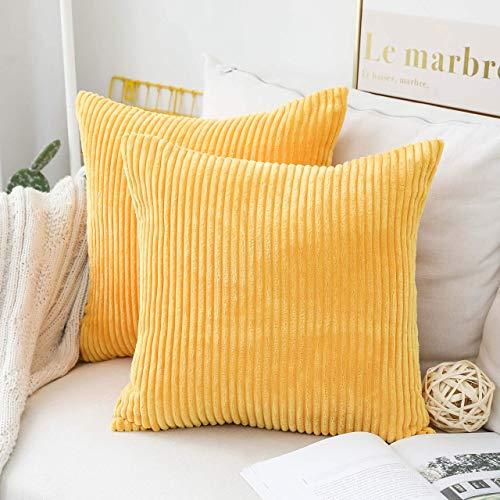 Home Brilliant Spring Decor Pillow Covers Super Soft Decorative Striped Corduroy Velvet Square Mustard Throw Pillow for Couch Sofa Cushion Covers Set of 2, 18x18 inch (45cm), Sunflower Yellow