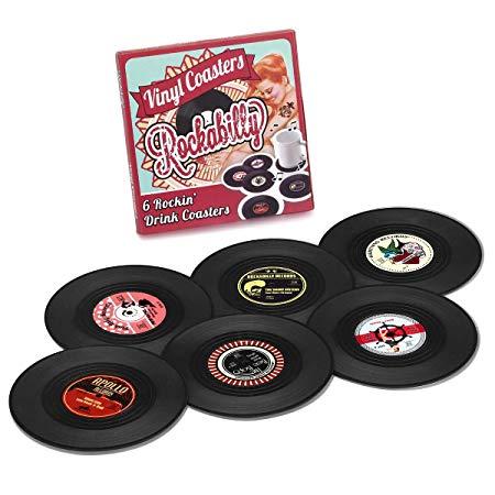 MISOSA Coasters Vinyl Record Disk Coaster for Drinks,Set of 6 Rockabilly Vinyl Coaster Set with Funny Labels, Protect Furniture From Water Marks & Damage