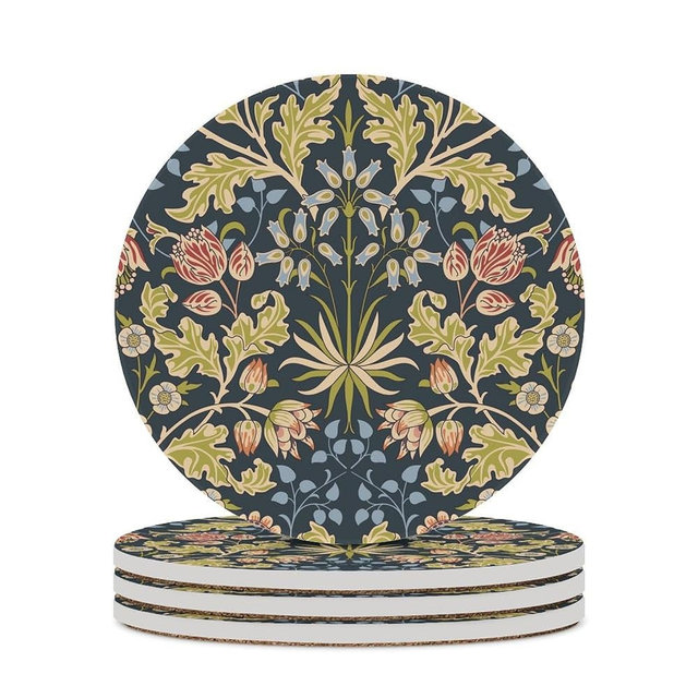 Round-4PCS William Morris Drink Coasters, Round Modern Ceramic Absorbent Coasters, Vintage William Morris Style Flowers and Foliage Decor Desk Coffee Table Coaster for Beverage Cup Tea Coasters