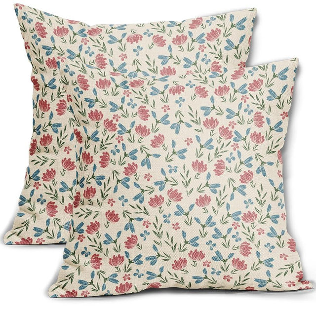 Aytipun Green Pink Blue Floral Pillow Covers 18x18 Set of 2 Vintage Rustic Old Style Cute Small Flower Print Decorative Outdoor Pillowcases Farmhouse Throw Cushion Case Decor for Couch Sofa Bed