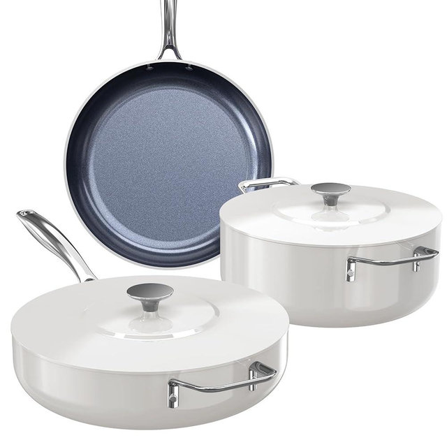 Nuwave Essential Series 5PC Ceramic Cookware Set PFAS-Free, G11 Duralon Blue Coating, Pots and Pans Set Non Stick, Diamond Scratch-Resistant,Stay-Cool Handle, Metal Lid,Induction Ready,Dishwasher Safe