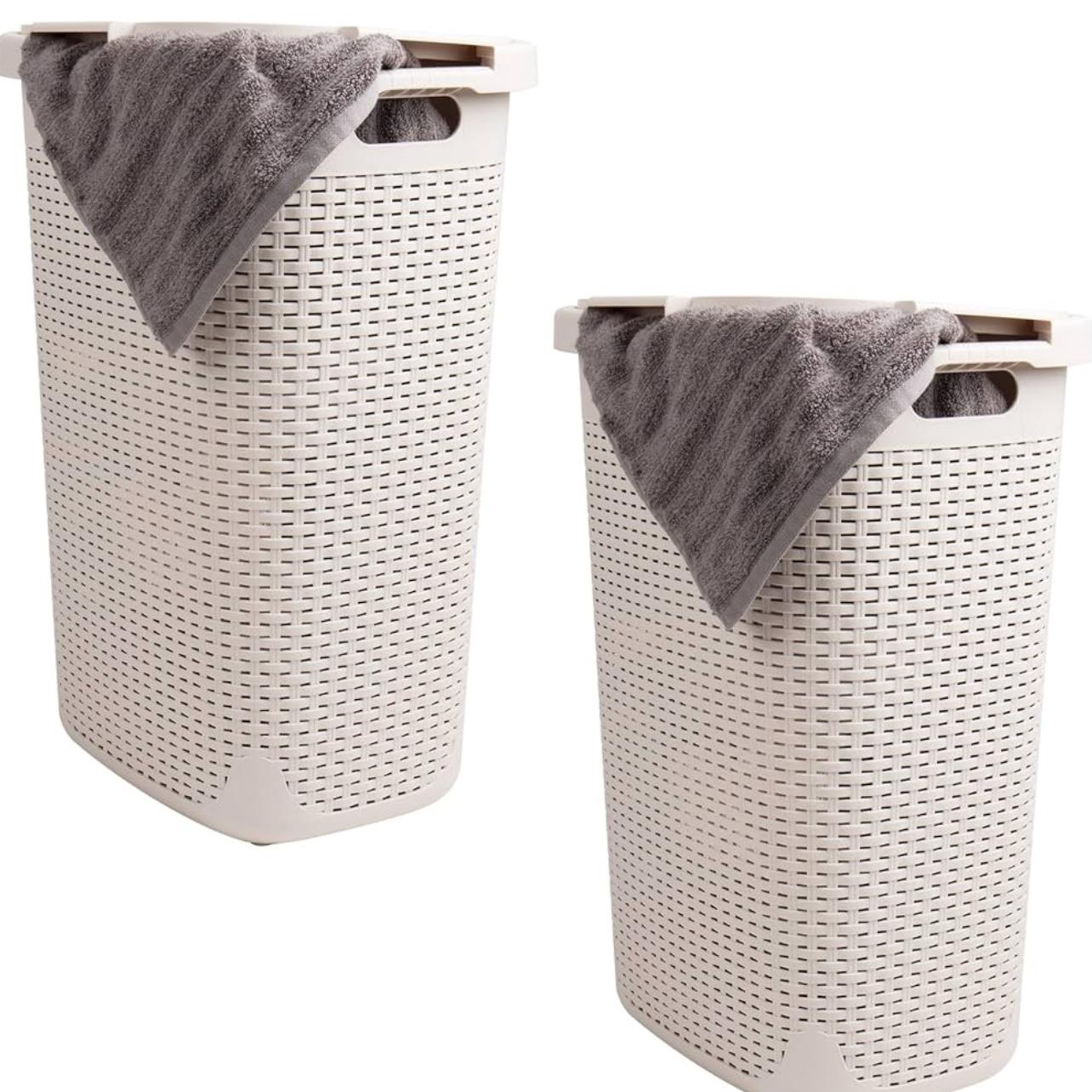 Mind Reader 60L Slim Laundry Hamper, Clothes Basket, Lid, Wicker Style, Plastic, 17.65"L x 13.75"W x 24.15"H, Set of 2, Ivory