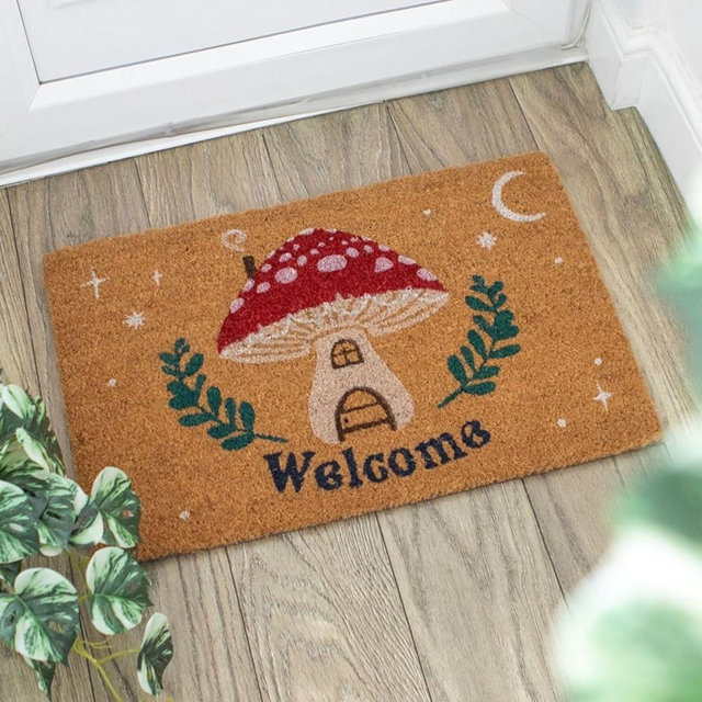 Natural Coir Doormat with Non-Slip Backing - 23.5 x 15.7 - Outdoor/Indoor - Warm Greeting Welcome Mats Outdoor (Welcome Mushroom House)