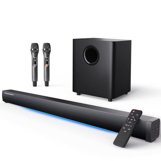 Thomson Soundbar for TV with Subwoofer, Bluetooth 5.0 TV Speakers with 2 Wireless Microphones, Surround Stereo Sound System with HDMI ARC/Optical/AUX/USB, Wall Mountable, Remote Control Included