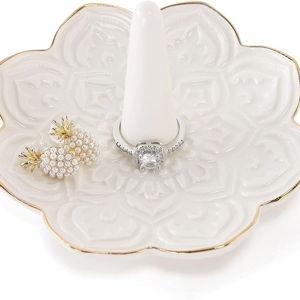 Ceramic White Mandala Jewelry Holder Decorative Ring Holder/Trinket Tray Valentine Engagement Wedding Birthday Gifts for Women Her