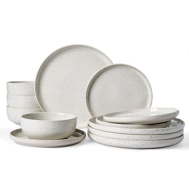 Famiware Meteor Plates and Bowls Sets for 4, 12 Pieces Dinnerware Sets, Microwave and Dishwasher Safe Dishes Set, Creamy White