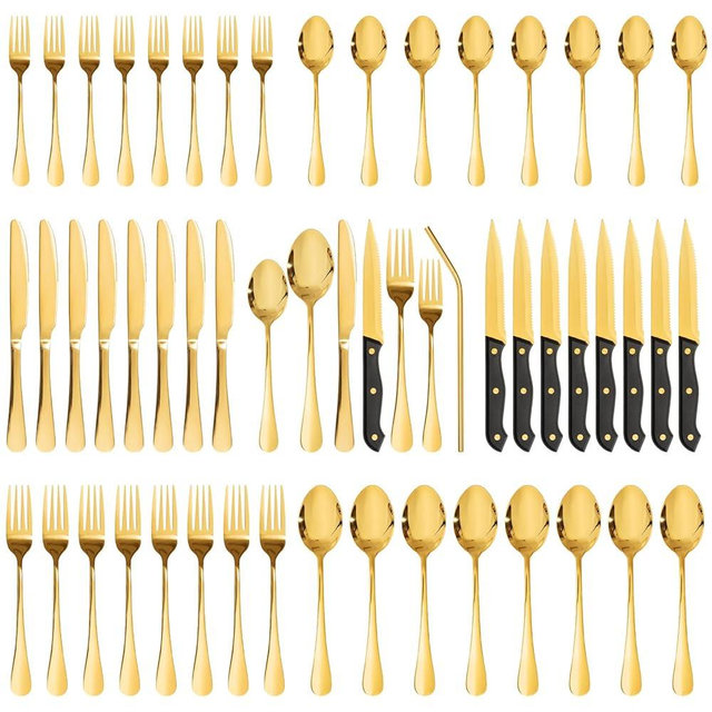 Astercook Silverware Set 48-Piece Gold Flatware Set with Steak Knives Food-Grade Stainless Steel Cutlery Set for 8 Mirror Polished Utensils Set Include Spoons and Forks for Home Kitchen Restaurant