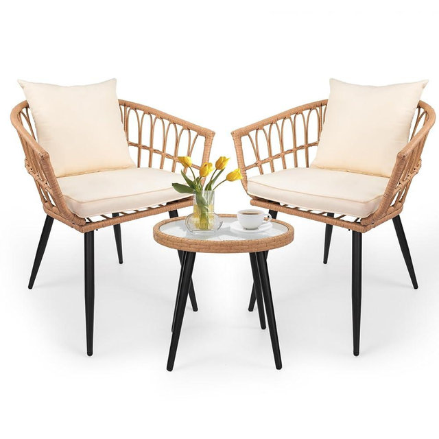VineBreeze 3-Piece Patio Dining Set, Featuring a Round PE Rattan Table and 2 Chairs, Suitable for Bedrooms, Porches and Gardens All-Weather Furniture Set Includes Tempered Glass, Thick Cushions