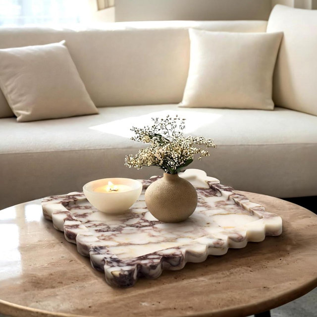 Genuine Calacatta Viola Scalloped Marble Tray, Real Natural Marble Stone Tray, Luxury Decorative Trays for Bathroom, Dresser, Vanity, Kitchen, Home Decor, 10.6" x 8", Calacatta Viola Purple