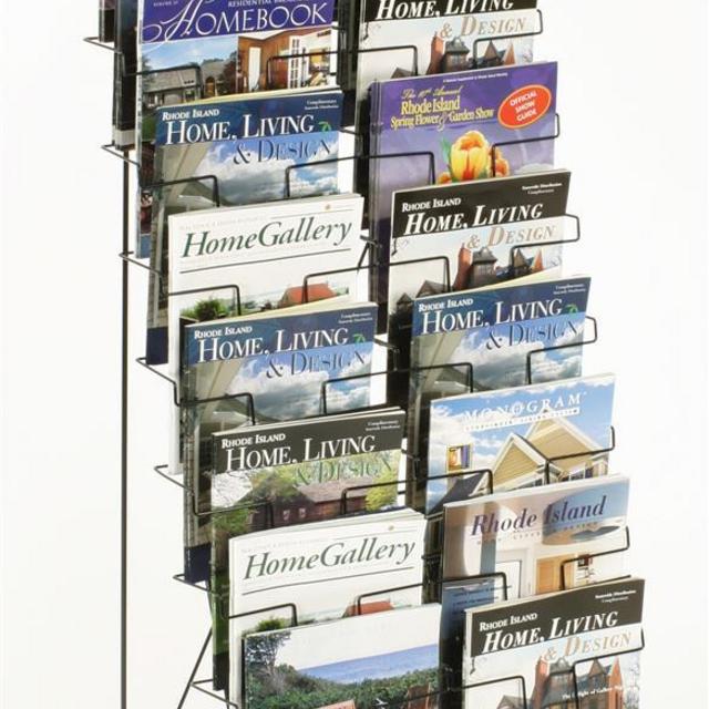 10-Tiered Wire Magazine Floor Stand, 8.5"w, 20 Pockets, Header - Black