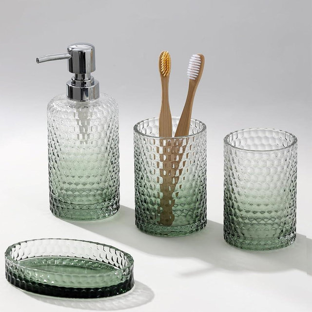 WUUAHOME Bathroom Accessories Set, 4Pcs Clear Glass Bathroom Set, Hand Soap Dispenser, Toothbrush Holders, Tumbler, Bar Soap Dish for Modern Bath Decor Organizers and Storage Countertop Sink (Green)