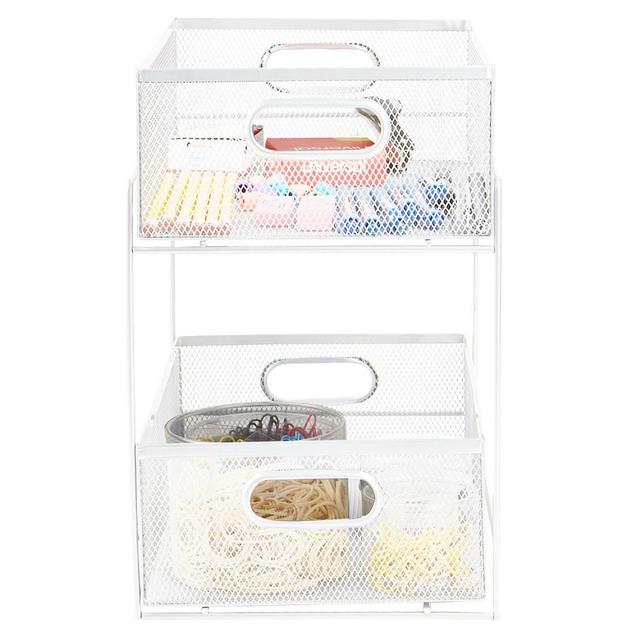 Two Tier Metal Mesh Organizer Slide Out Basket Drawer White - Mind Reader