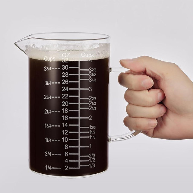 Ackers Etched Graduated Glass Measuring Cup - [Insulated Handle | V-Shaped Spout] - High Borosilicate Glass Measuring Cup for Kitchen or Dining, Easy to Read,1000 ML (32 Oz, 4 Cup)