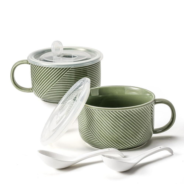 Adewnest Ceramic Soup Bowls with Lids: 38 Ounce Extra Large Soup Mug with Handle & Spoon - Oversized Microwave Ramen Bowl Set of 2, 6 Inch, Green