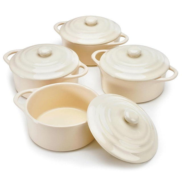 Kook Ceramic Mini Cocotte Set, Small Casserole Dishes with Lids and Handles, Individual Baking Ramekins, Oven, Microwave & Dishwasher Safe, Stoneware, 12 oz, Set of 4, Ivory